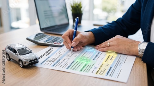 Person filling out auto insurance application form with car model and calculator on desk