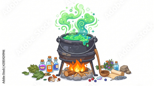 Magical witch cauldron brewing green potion with bottles and herbs