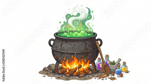 Old iron witch cauldron with boiling green magic potion and ingredients