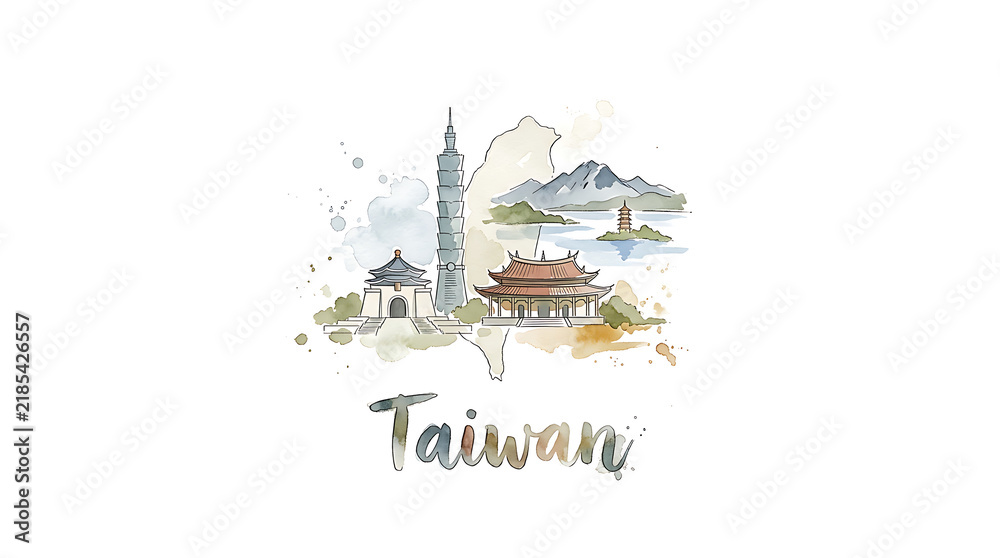 Obraz premium Serene watercolor illustration of Taiwan showcasing Taipei 101, historic temples, scenic mountains, and traditional pagodas