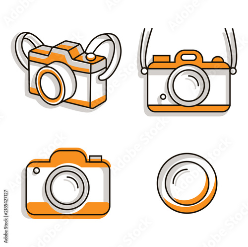Set of flat camera icon vector illustrations, modern photography equipment and lens symbols with orange accent isolated on white background.