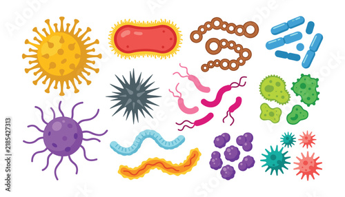 Flat vector illustration icon set of bacteria cells microscopic microbes and viruses isolated on white background.