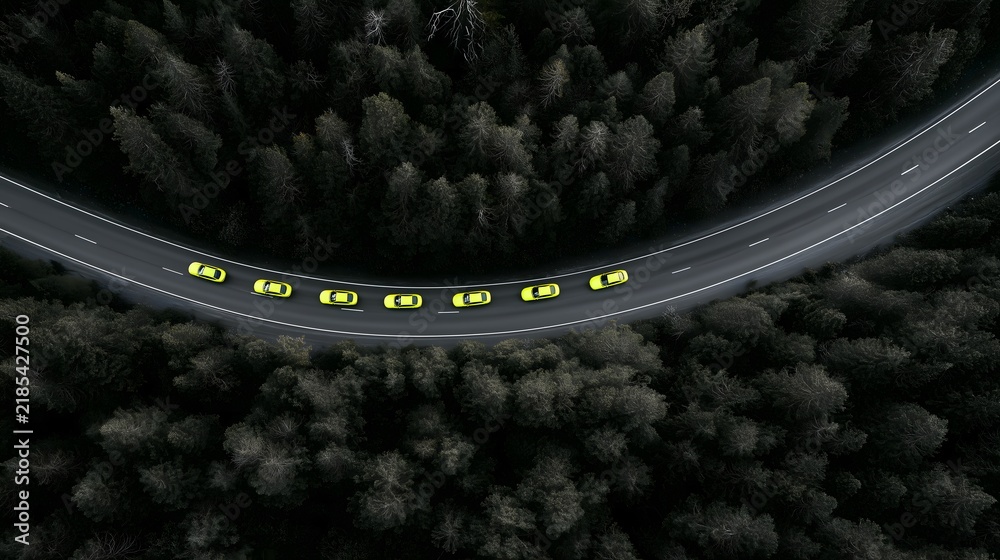 Obraz premium Yellow cars driving on a curved mountain road through a dense dark forest, aerial view