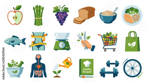 Flat Vector Healthy Lifestyle Icons: Food, Nutrition, Fitness, Diet, and Wellness Elements Collection