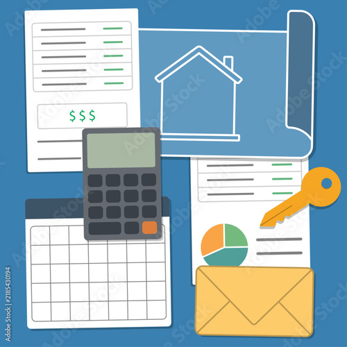 Future housing plan illustration showing a home blueprint, savings target and mortgage documents organized to prepare for a future property purchase or housing decision.