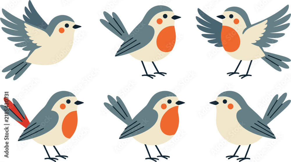 Obraz premium Cute cartoon robin birds vector character set with small grey and orange birds in various flying and standing poses, isolated on white background.