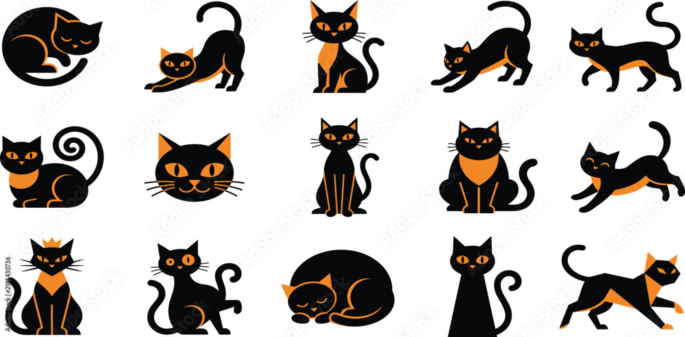 Obraz premium Cute black cat silhouettes, faces, and poses vector collection for Halloween