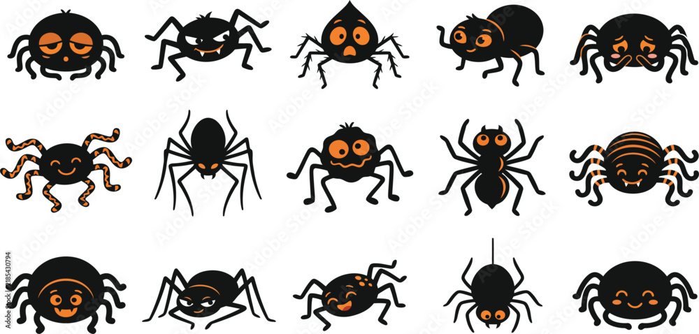 Fototapeta premium Collection of cute and spooky cartoon spider vector illustrations for Halloween.