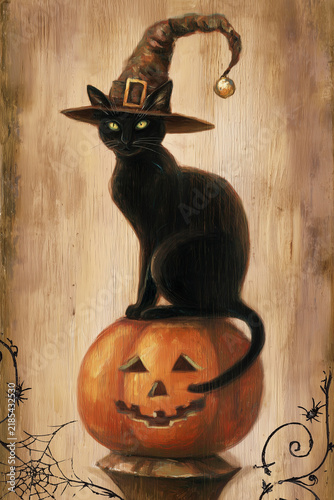 cottage core halloween art - folk art black cat on pumpkin Vintage oil painting of a black cat wearing a witch hat perched on a carved jack o lantern with glowing green eyes and folk art details, goth