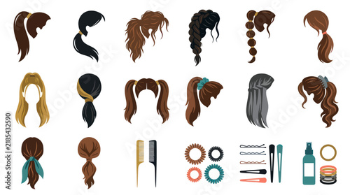 Flat Design Vector Icons of Diverse Female Hairstyles and Accessories
