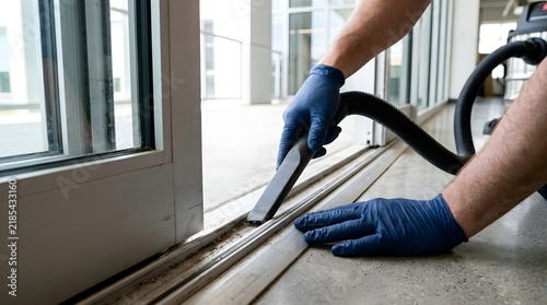Professional precision post-construction cleaning of sliding door tracks for facility handover using industrial vacuum equipment.