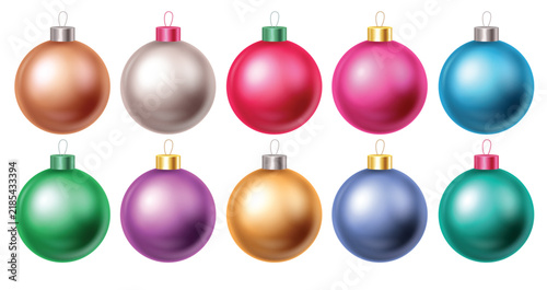 Set of Realistic Colorful Christmas Baubles Glossy Holiday Tree Ornaments Collection