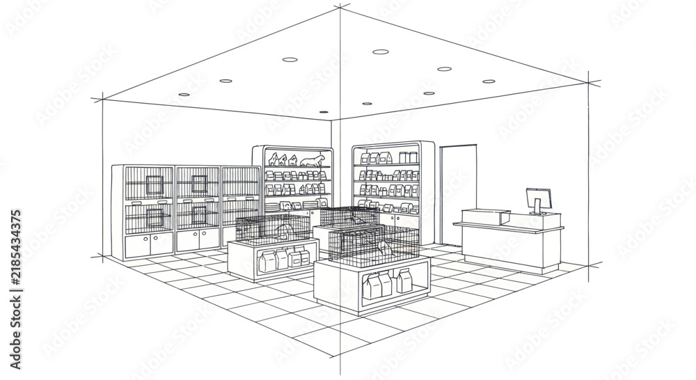 Fototapeta premium Elegant Minimalist Sketch of a Modern Convenience Store Interior with Shelves Display Racks and Checkout Counter