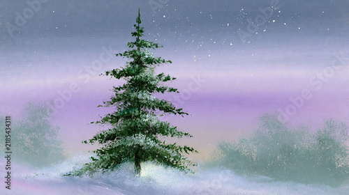 Snowy Pine Tree Under Starry Night Sky