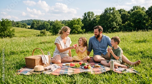 A happy family enjoying a picnic on a checkered blanket in a sun-drenched meadow, with rolling green hills and trees in the background. 
