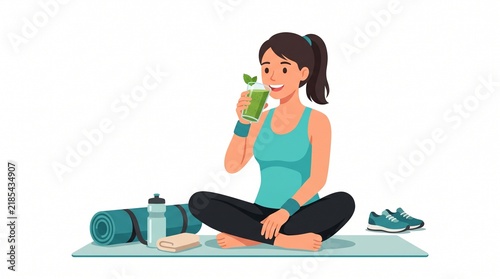 A woman in sportswear sits cross-legged on a yoga mat, holding a glass of green smoothie, with exercise equipment around her. 