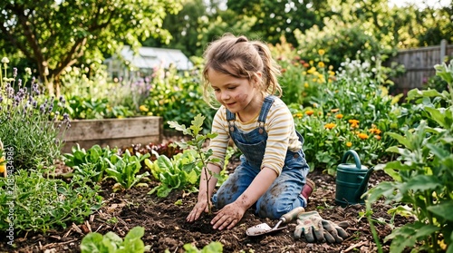 A young girl planting a small sapling in a lush, vibrant garden bed, with gardening tools and a watering can nearby. 