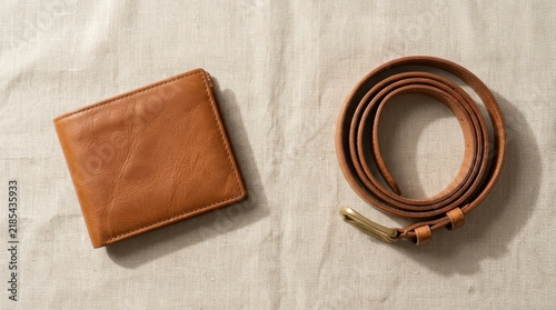 Brown Leather Wallet and Rolled Belt on Neutral Linen Fabric