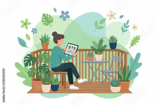 Woman Designing Modern Terrace and Interior with Digital Tablet