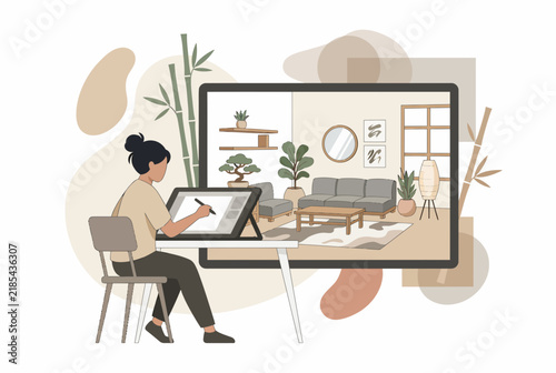 Interior Designer Working on Tablet Creating Modern Living Room