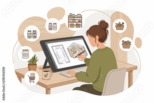 Female designer planning modern interior layout on graphics tablet
