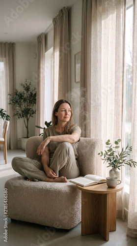 Peaceful woman enjoying quiet morning at home near window with tea journal flowers and mindful self care routine