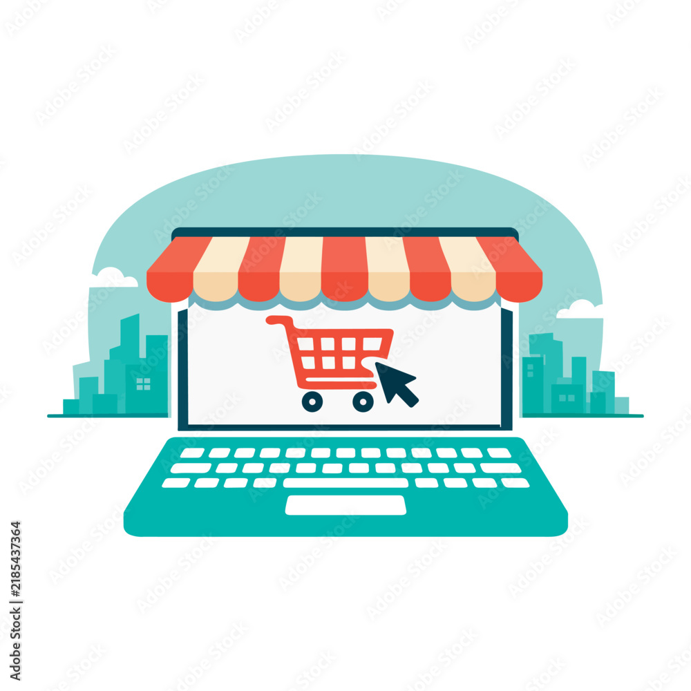 Obraz premium Online Shopping Storefront Illustration With Laptop, Shopping Cart, Cursor, And Retail E Commerce Concept