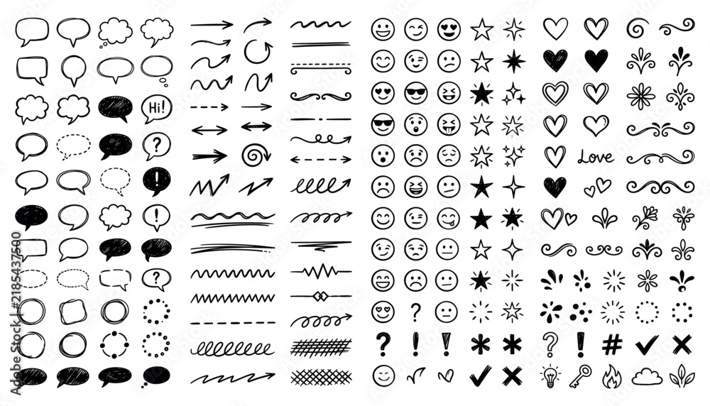 Fototapeta premium Hand drawn doodle elements collection, speech bubbles, arrows, emojis and design icons