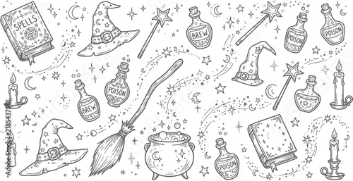 Obraz na plátně Witchcraft seamless pattern with magical spells, potion bottles, witch hats, bro