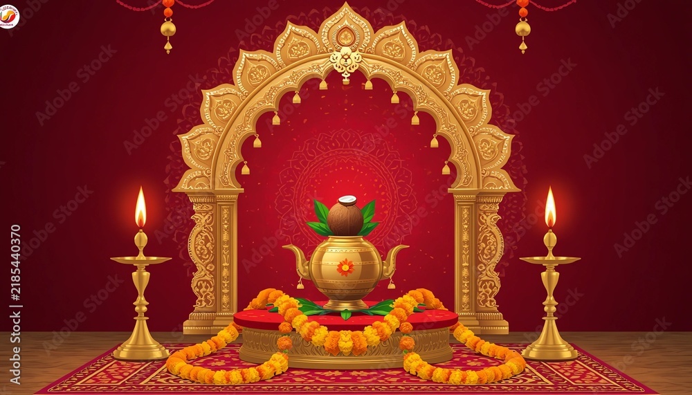 Obraz premium Indian festival puja background with golden mangal kalash coconut burning brass samai lamps and temple arch on red backdrop