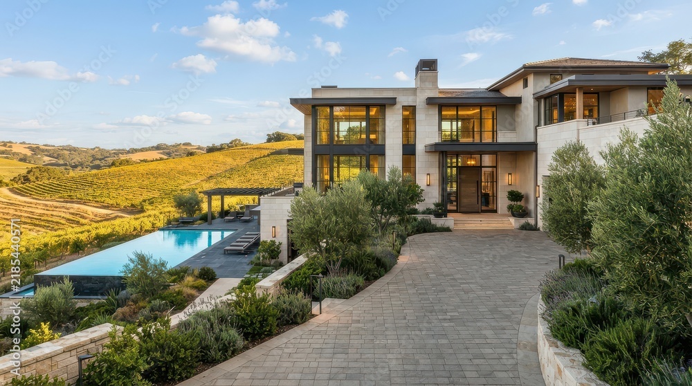 Fototapeta premium Contemporary vineyard house with a curved driveway and hillside infinity pool