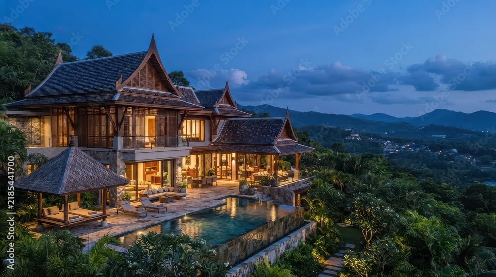 Obraz premium Thai style hillside house with poolside pavilion and distant town at twilight
