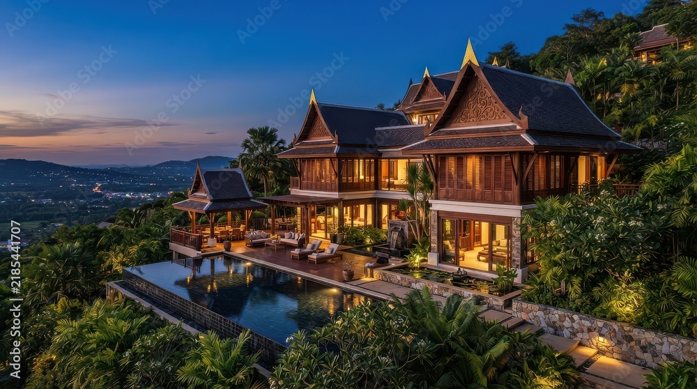 Fototapeta premium Thai style villa with ornate roof gables and infinity pool at sunset