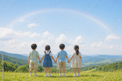 Tapety artystyczne 언덕 위에서 손을 잡고 무지개를 바라보는 아이들, 희망찬 미래와 성장
