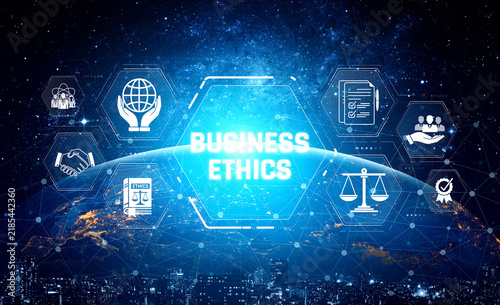 Foto Business Ethics Concept with Globe, Icons, and Technological Background Represen