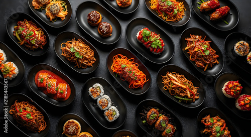 Assortment of colorful and flavorful small plates displayed in dark oval dishes