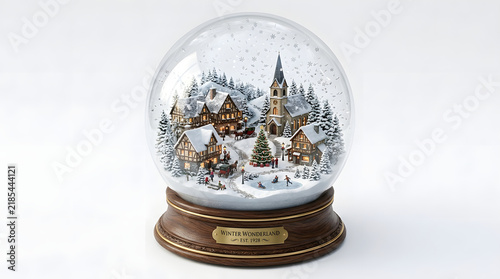 Snowglobe containing a miniature winter village with a church and houses sits against a plain background.