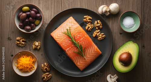 Gourmet salmon dish with fresh produce and garnishes overhead view