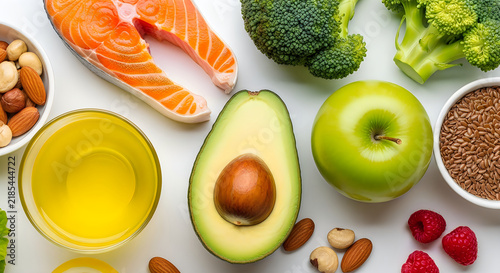 Healthy food selection salmon avocado broccoli apple and nuts for wellness