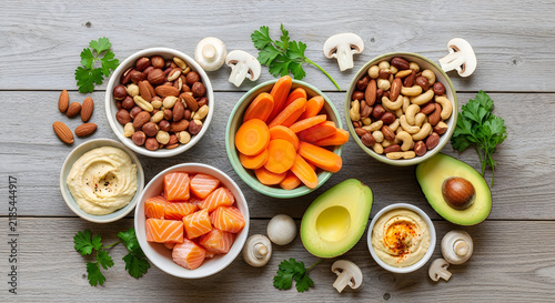 Colorful and healthy ingredients for meal preparation on a wooden surface