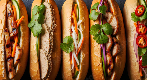 Colorful vietnamese banh mi sandwiches displayed in a row fresh and appetizing