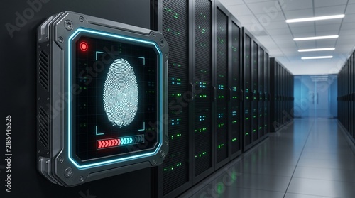 Biometric fingerprint scanner on data center server rack illustrating physical access control and identity verification