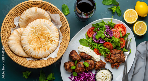 Delicious middle eastern feast kebabs salad and pita bread on table