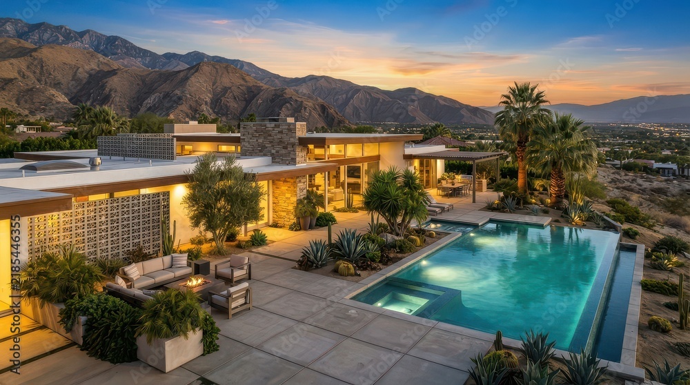 Fototapeta premium Desert hillside house with illuminated pool and inset spa at sunset