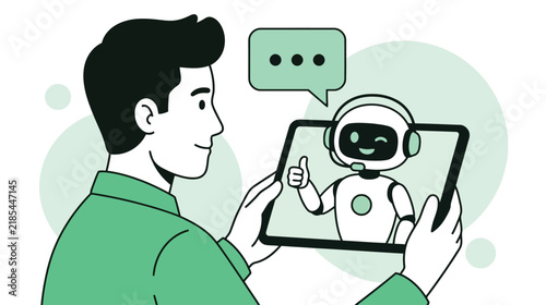 Man interacting with AI chatbot assistant on tablet screen for customer support vector illustration