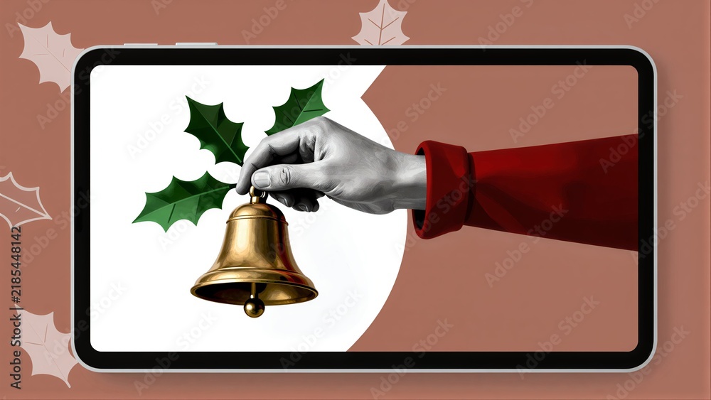 Fototapeta premium Elf hand rings golden bell on tablet screen, festive holly accents frame.