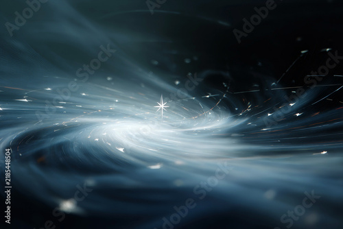 Abstract glowing compass rose with swirling light trails and floating particles for navigation background and technology banner design