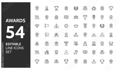 Awards and trophy line icons set in black and white minimalist style for business success recognition designs.