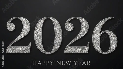 Shiny diamond numbers 2026 with happy new year text on black background. Sparkling silver glitter greeting card design.