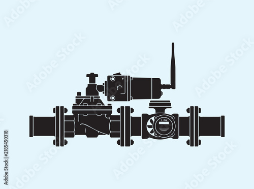 Black silhouette of an automated irrigation valve showing wireless antenna and flow meter from the side on white